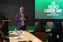 Brent Chrite addresses participants at Celtics Career Day presented by Bentley University
