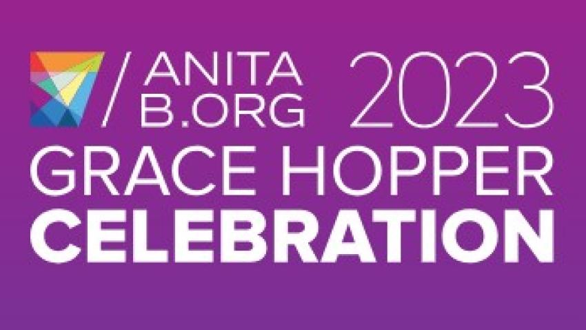Purple gradient background with the following words in white text: Anita B.org 2023 Grace Hopper Celebration