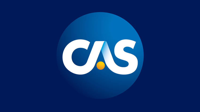 Casualty Actuarial Society (CAS) logo featuring medium blue circle with CAS in stylized white text on dark blue background.