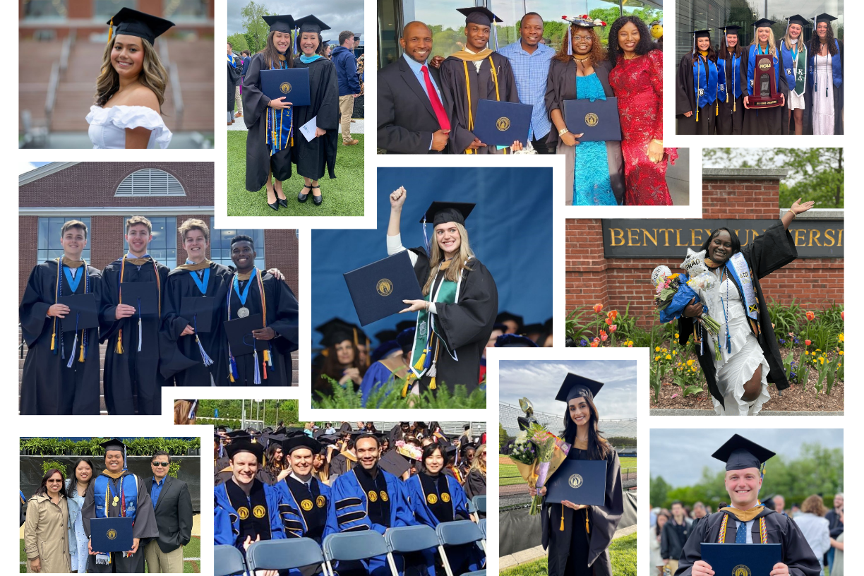 Photo collage featuring recent Bentley graduates posing with friends and family members.