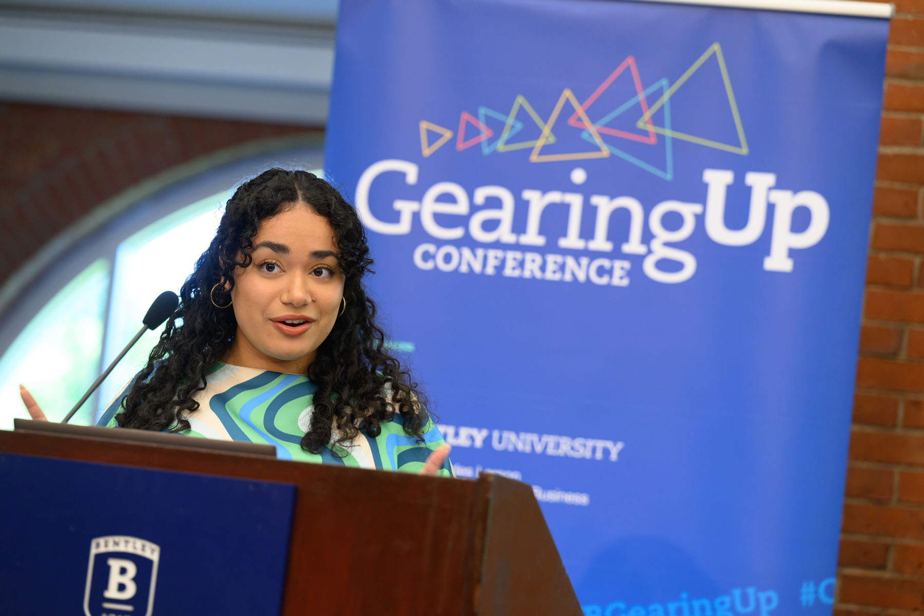 Bentley University student Kary De Jesus speaks at the Gearing Up Conference hosted by the Center for Women and Business at Bentley