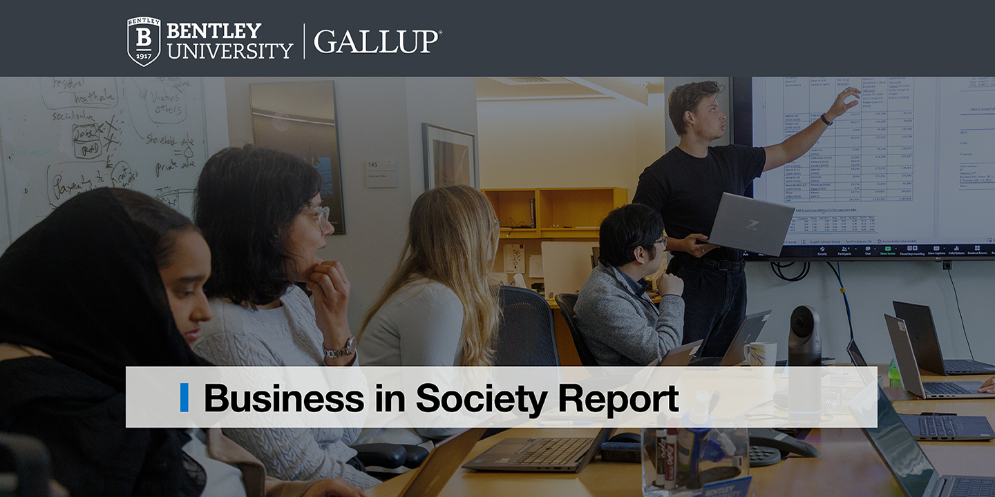 Cover image from the 2024 Bentley-Gallup Business in Society Report, showing a diverse group of employees engaged in conversation in a conference room.