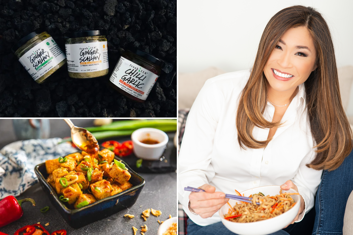 FreshZen Founder and CEO Ruby Chan with sauces and a prepared tofu story-fry dish