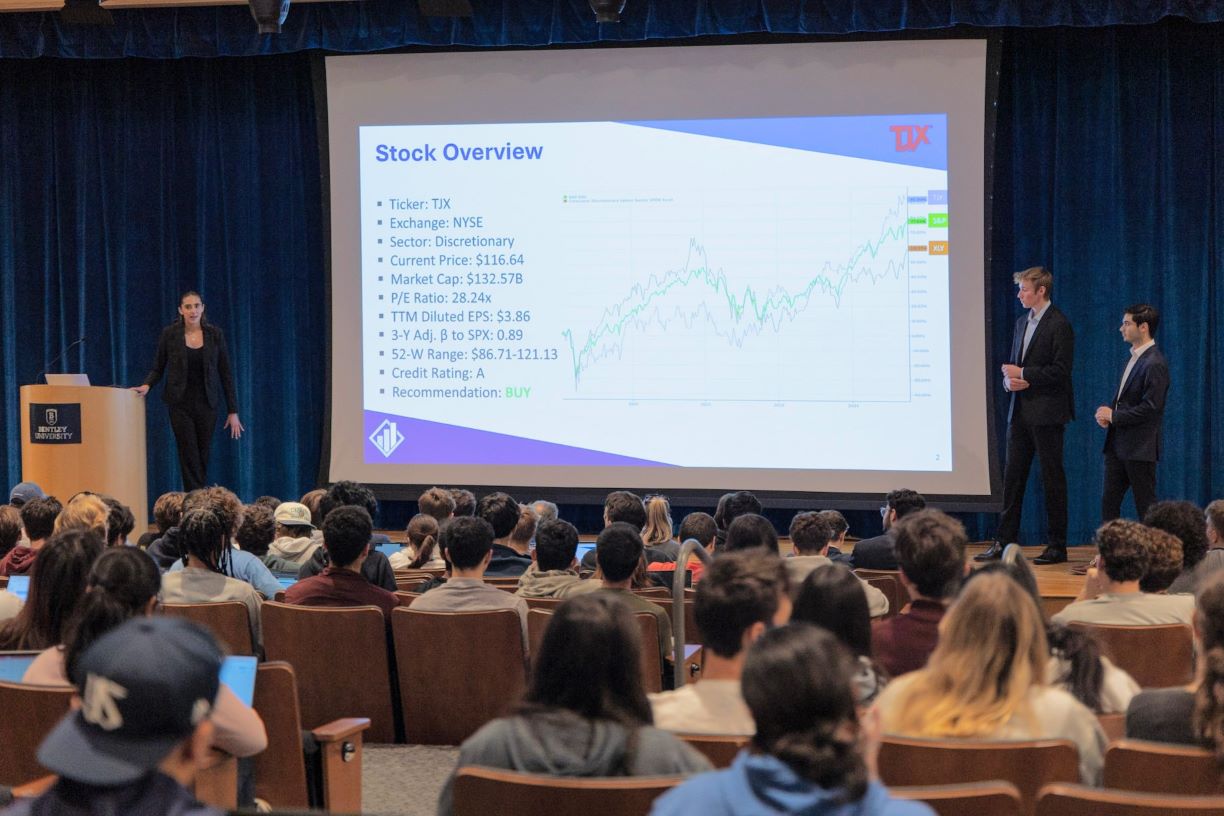 Hundreds of students gather each week for the Bentley Investment Group pitch meeting to weigh in on investment decisions.