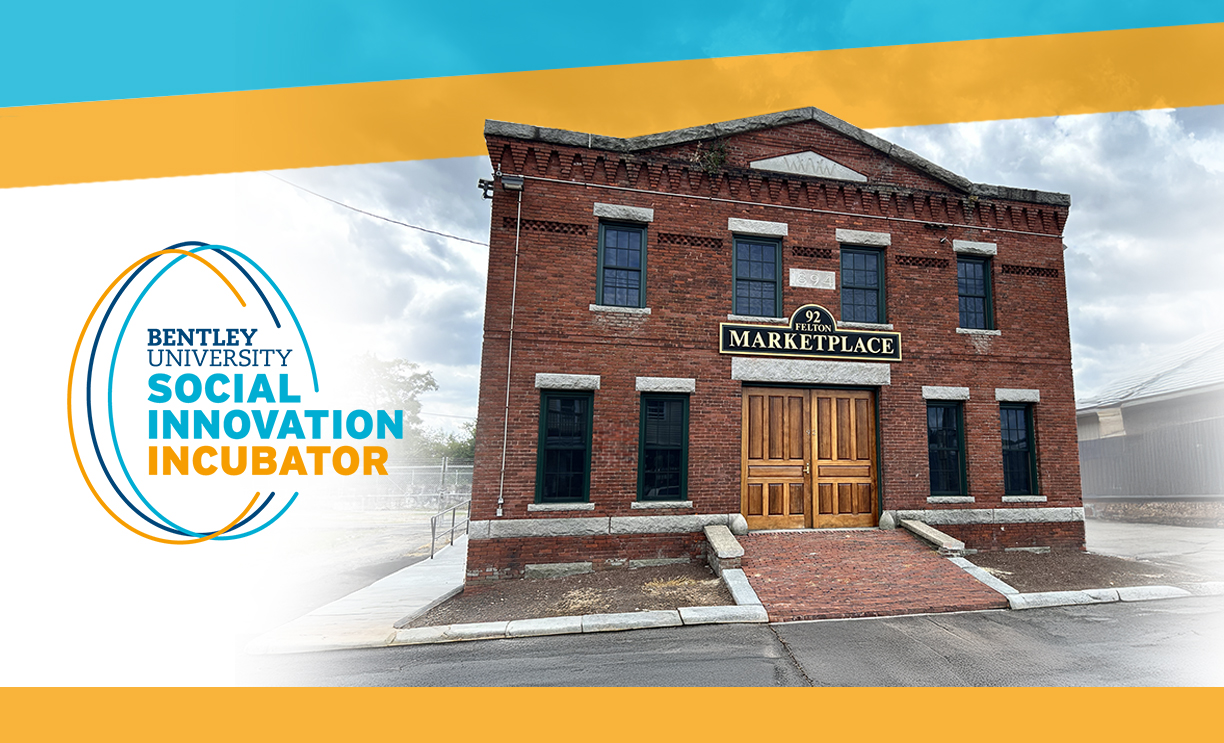 Photo illustration depicting front facade of two-story brick building alongside the official Bentley University Social Innovation Incubator logo.