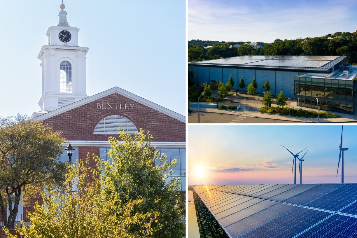 Bentley clock tower, Bentley Arena, and wind turbines over solar panels