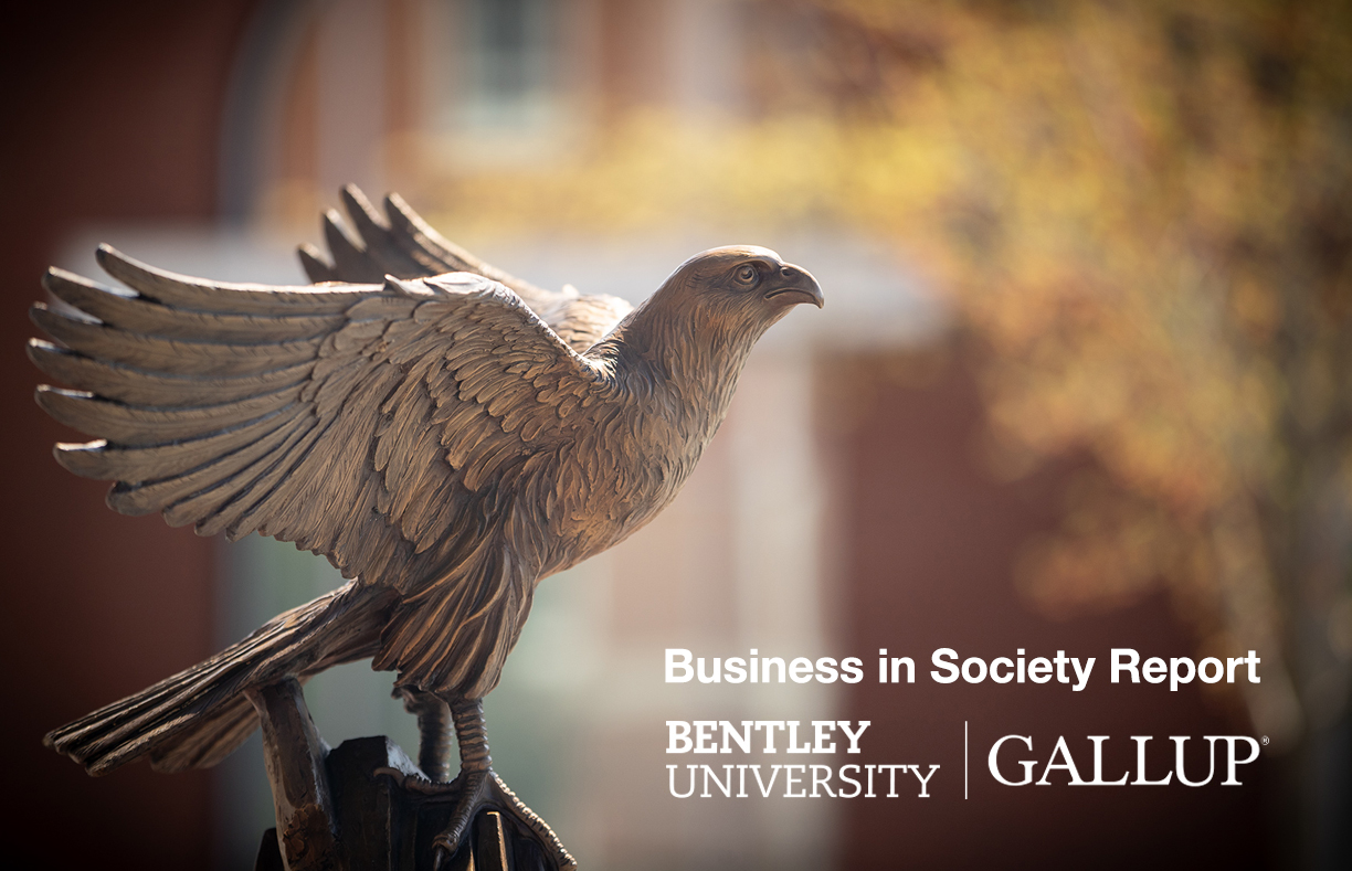 Background image of Bentley's falcon statue with the words Business in Society Report, Bentley University and Gallup in white