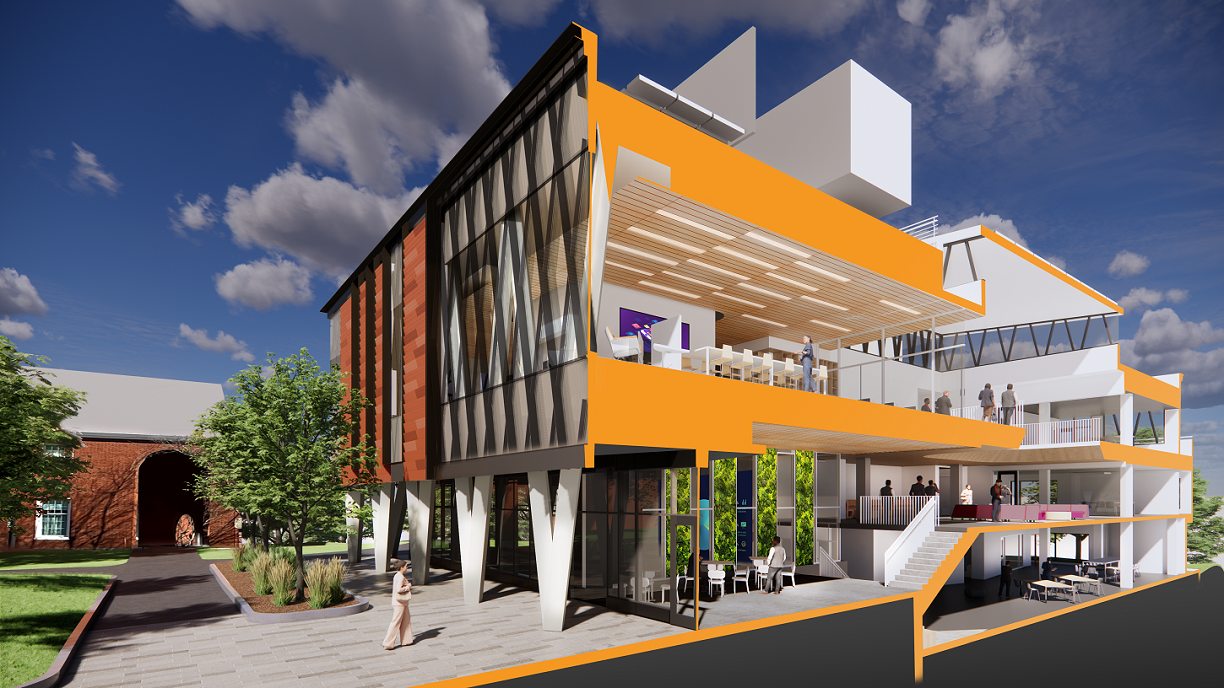 An artist's rendering of the reimagined Adamian Academic Center, showing a cross-section of the building's three levels.