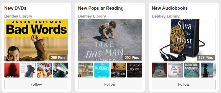 Click to view the library's new popular reading books, audiobooks and DVDs on Pinterest.