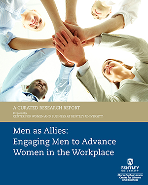 CWB Men as Allies Research Report cover people smiling with all hands in an overlapping circle supporting each other