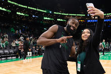 Jaylen Brown takes selfie with Celtics Career Day Student