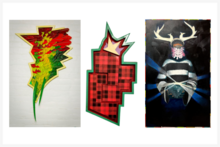 collage of three works by artists Jameel Radcliffe, Rebecca Greene, Nygel Jones