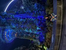 Bentley student Markus Facey-Castillo ’27 in front of blue lighted garden Singapore