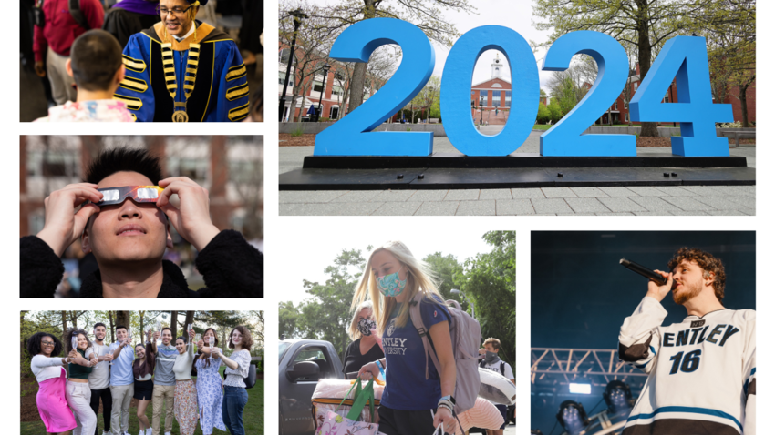 Collage of Bentley Class of 2024 highlights including President Chrite's inauguration, Jack Harlow performance, senior champagne toast, total solar eclipse and move-in day