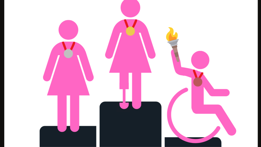 Illustration featuring three pink female stick figures — one with a prosthetic limb and one sitting in a wheelchair and holding an Olympic torch — receiving gold, silver and bronze medals atop a tiered podium.