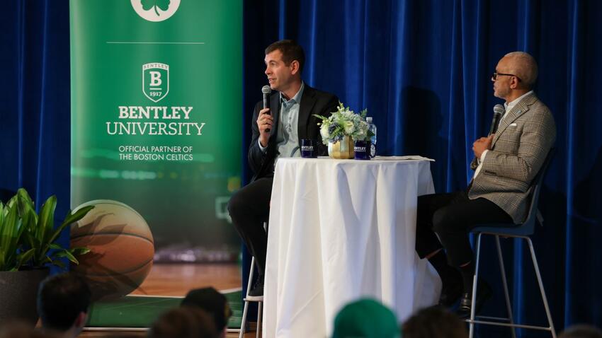 Brad Stevens, president of basketball operations at the Boston Celtics, in his sit-down conversation with Bentley University President E. LaBrent Chrite