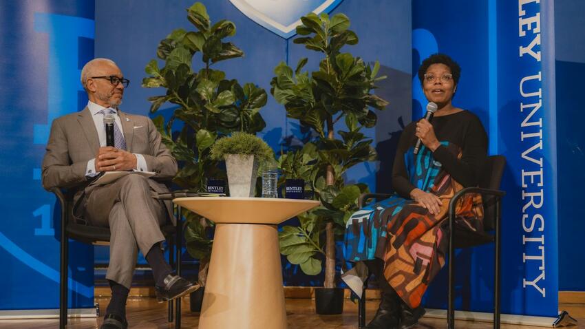 Bentley University President E. LaBrent Chrite with Nicole Obi, president of the Black Economic Council of Massachusetts, during the Bentley annual MLK social justice event