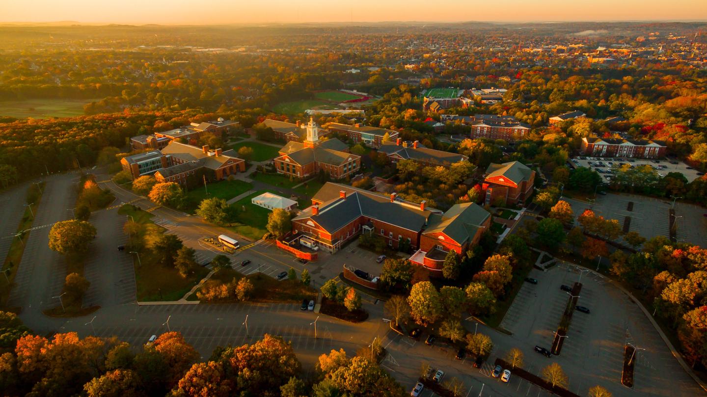 Aerial of Bentley campus in the fall