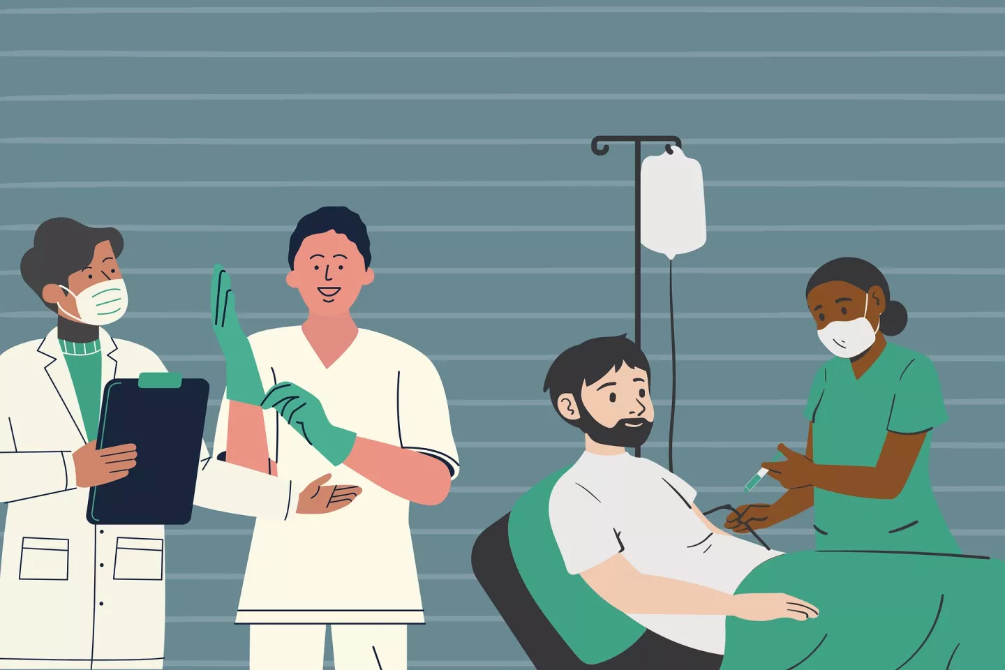 Hospital employees and patient illustration