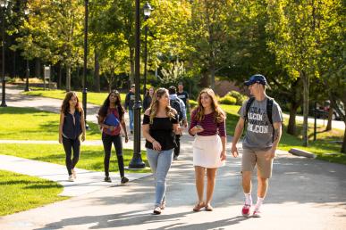 Group of students walking on a tree-lined college campus