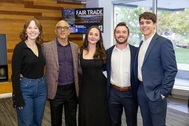 Bentley students Caroline Bushnell ’25, Cassie Dubitsky ’24, Luke Andris ’25 and Trevor Hodgson ’25 with President E. LaBrent Chrite at the Fair Trade University certification launch event